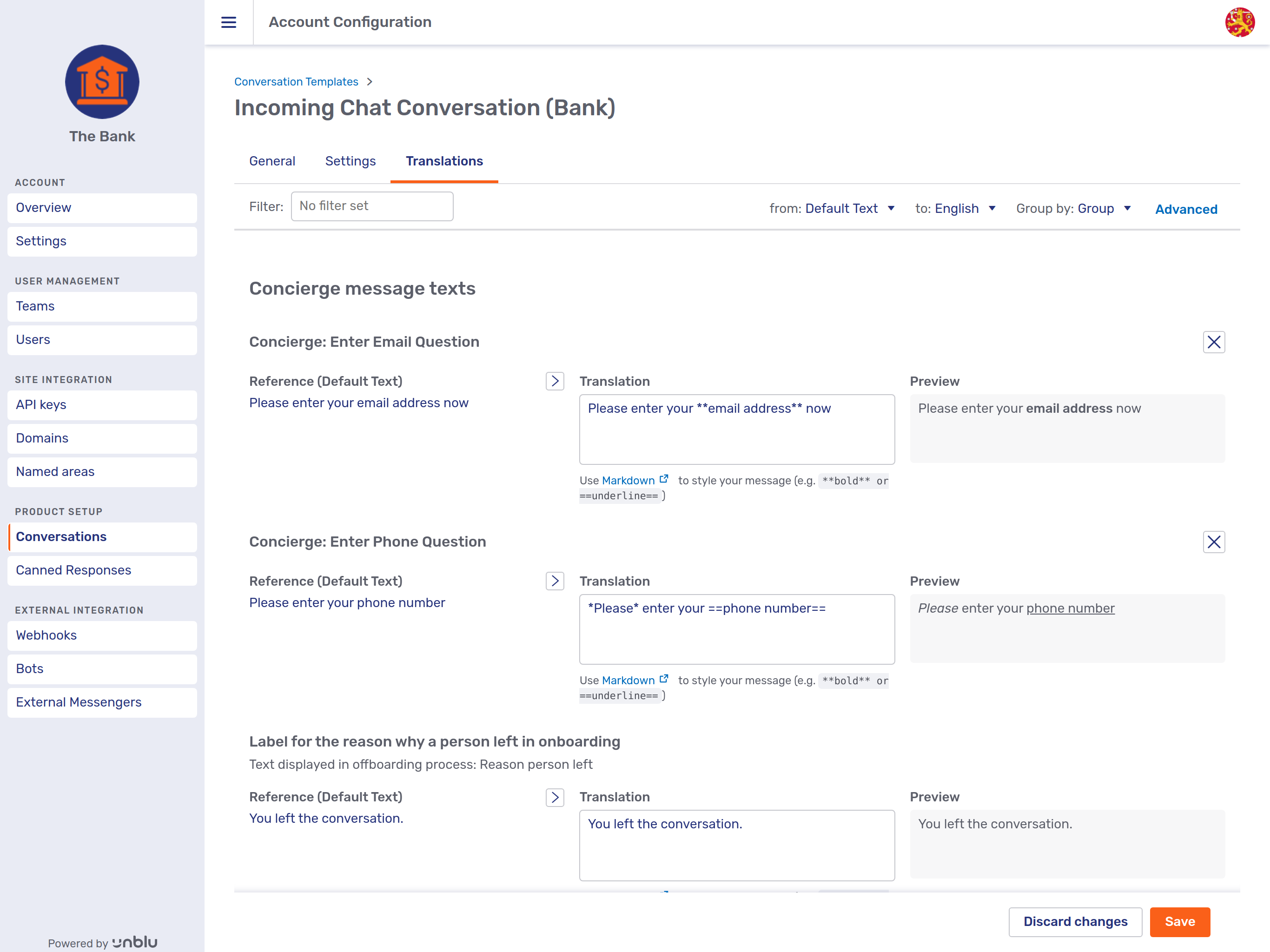 Conversation template *Translations* tab with Markdown preview