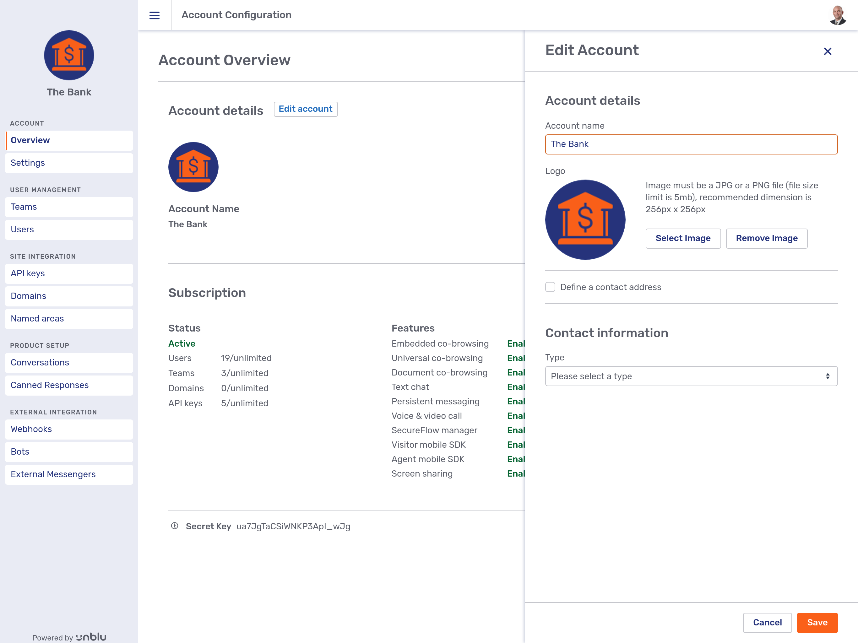 Account settings modal page