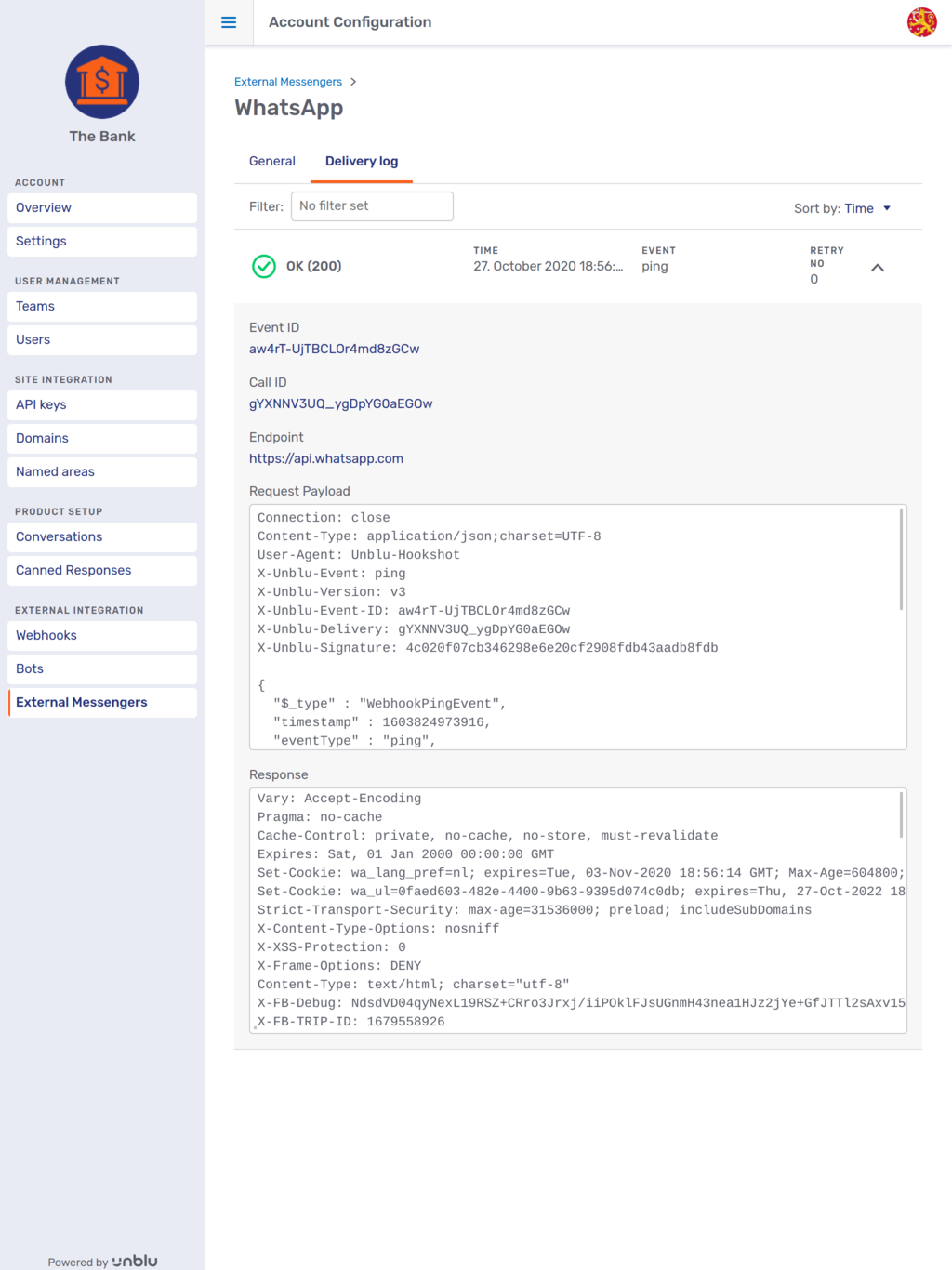 External messenger successful delivery log