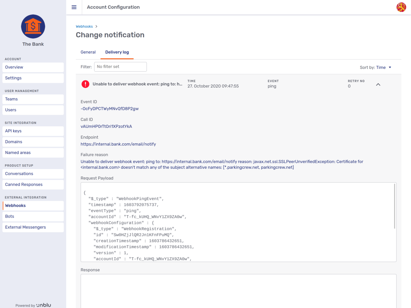 Webhook *Delivery log* detail