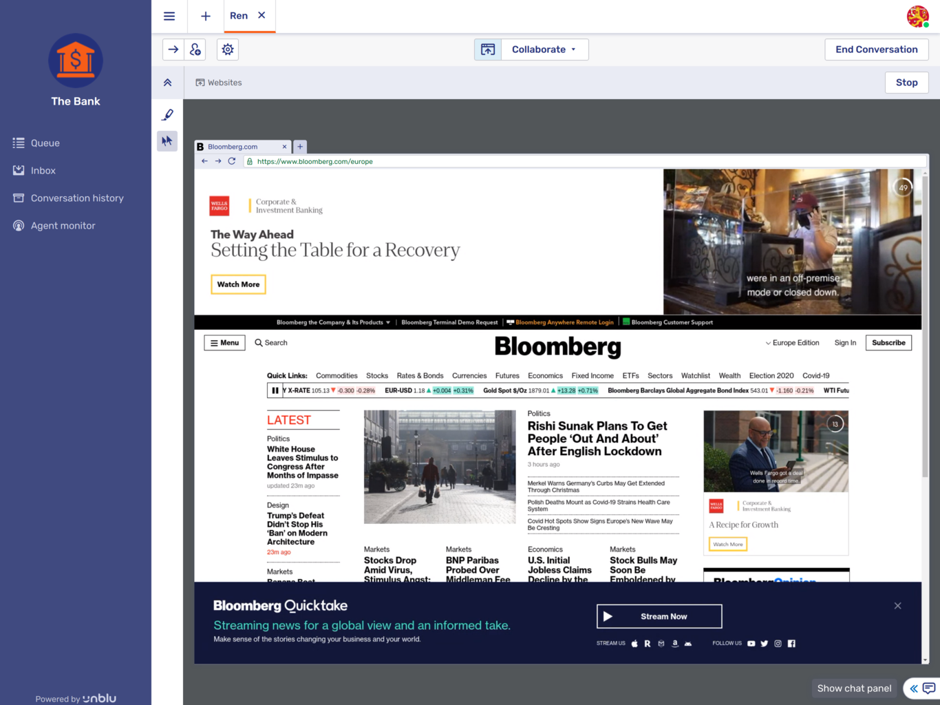 Agent view of a universal co-browsing session
