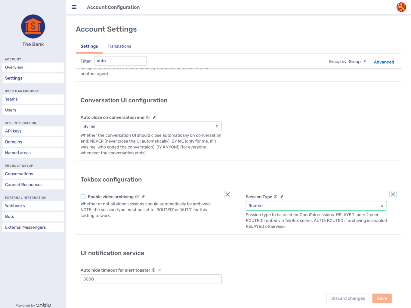 Example of settings defined on an entity to override a value specified higher up the configuration cascade