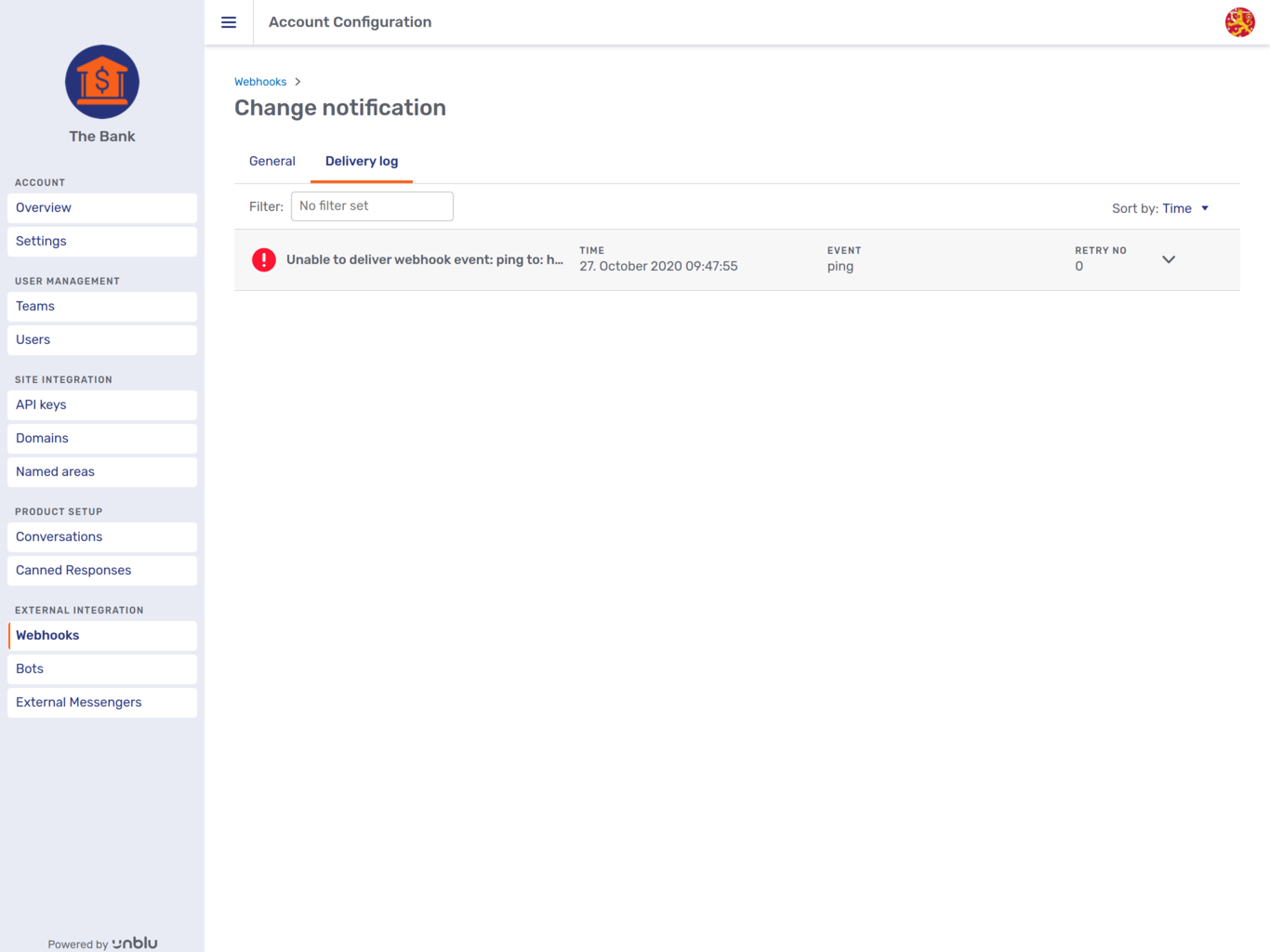 Webhook *Delivery log* overview