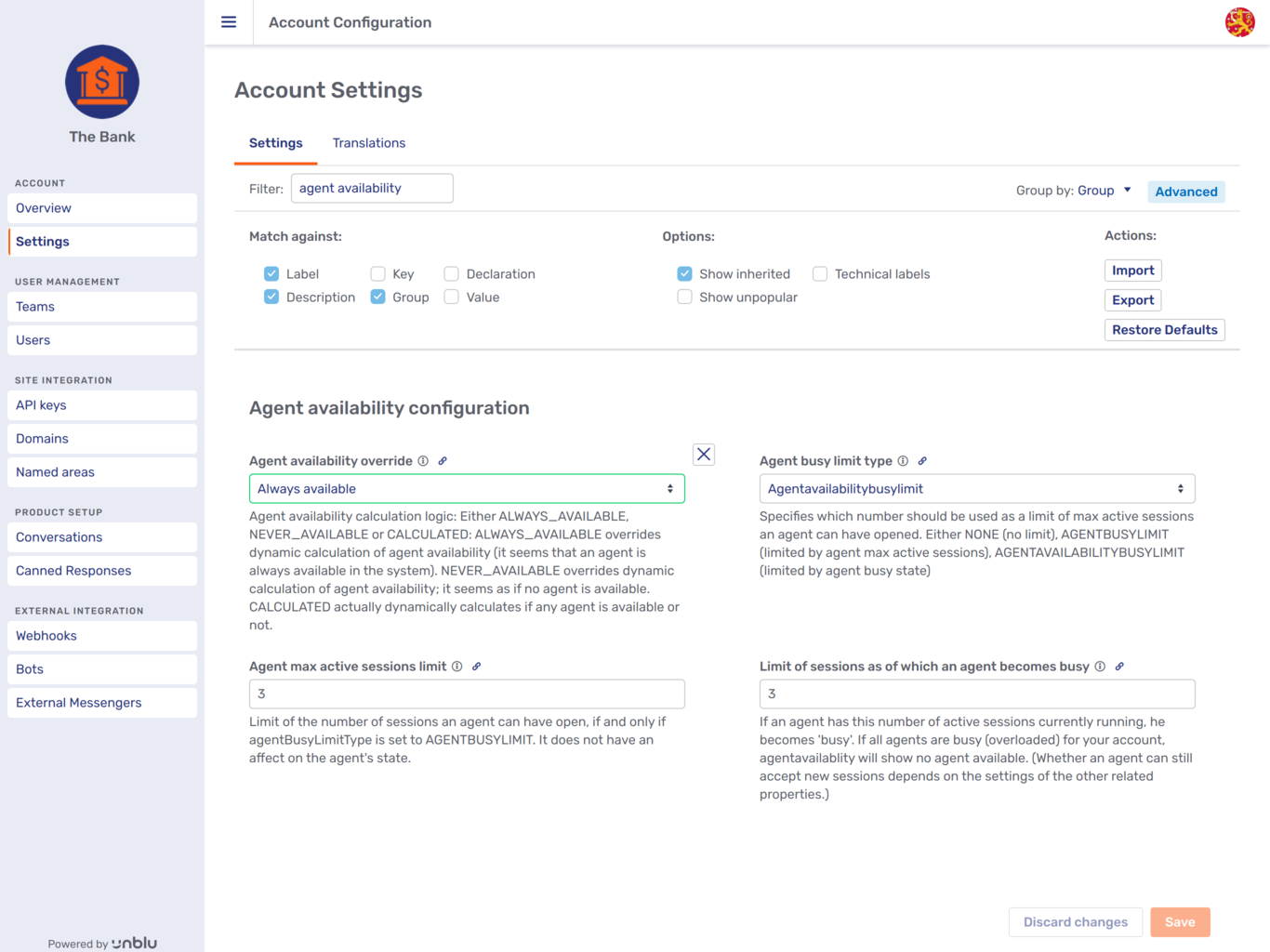 Account settings with <strong>Show inherited</strong> ticked