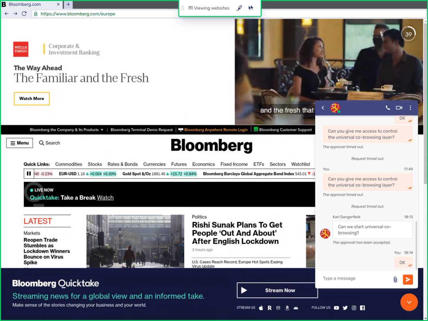 Visitor view of a universal co-browsing session