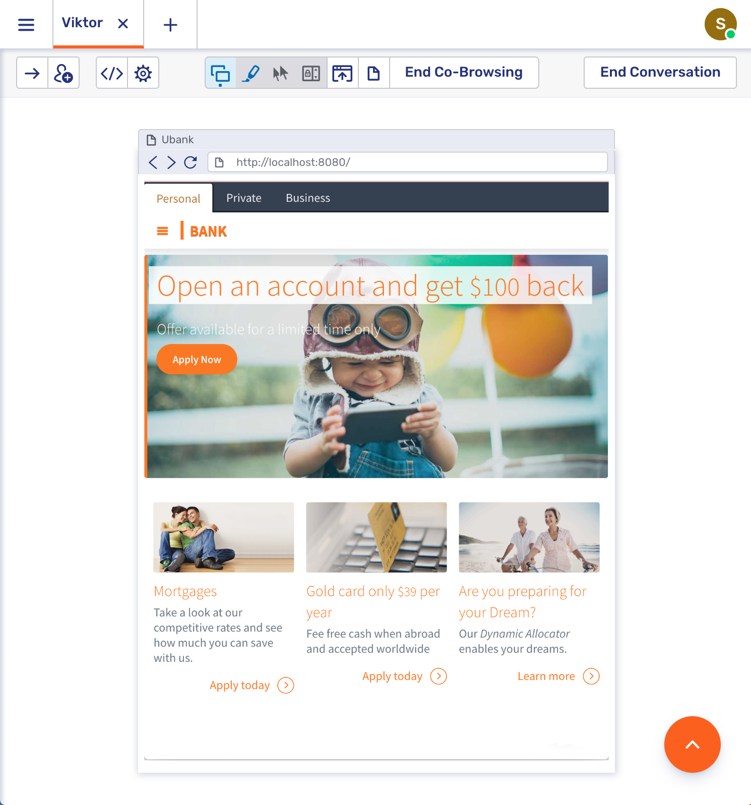 Agent view of an embedded co-browsing session