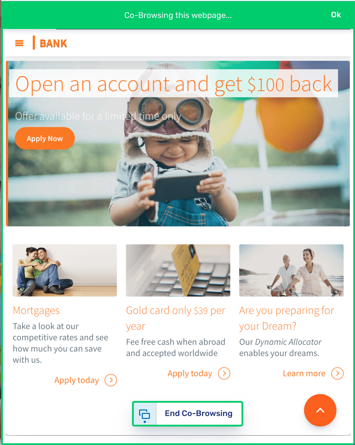 Visitor view of an embedded co-browsing session