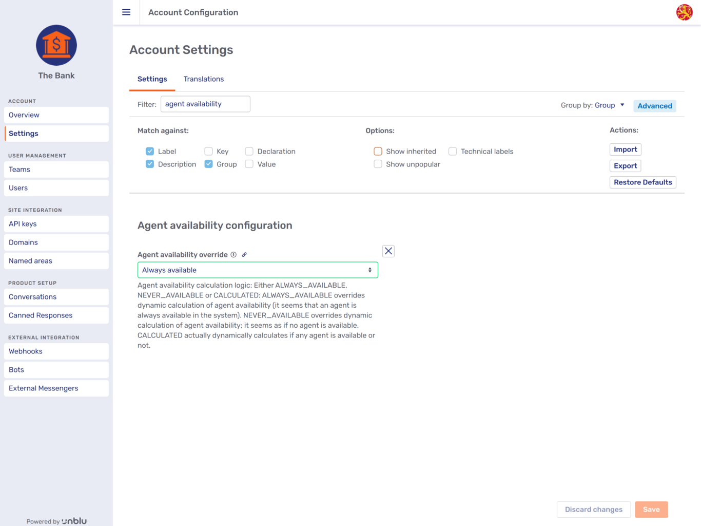 Account settings with <strong>Show inherited</strong> unticked