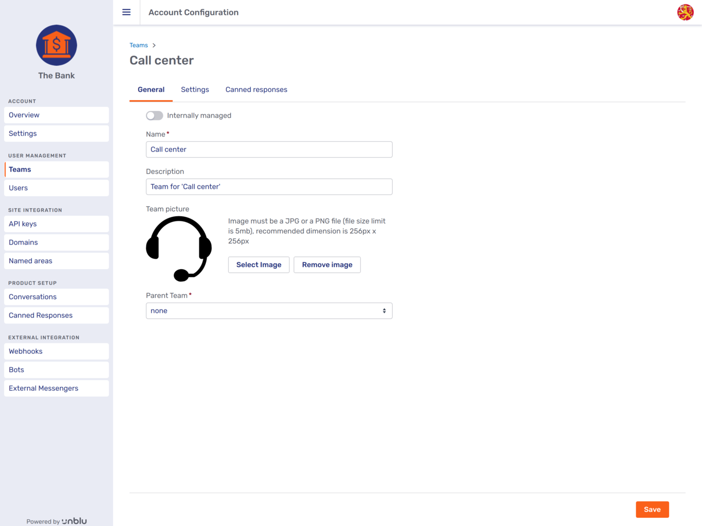 An internally managed team in the Account Configuration interface