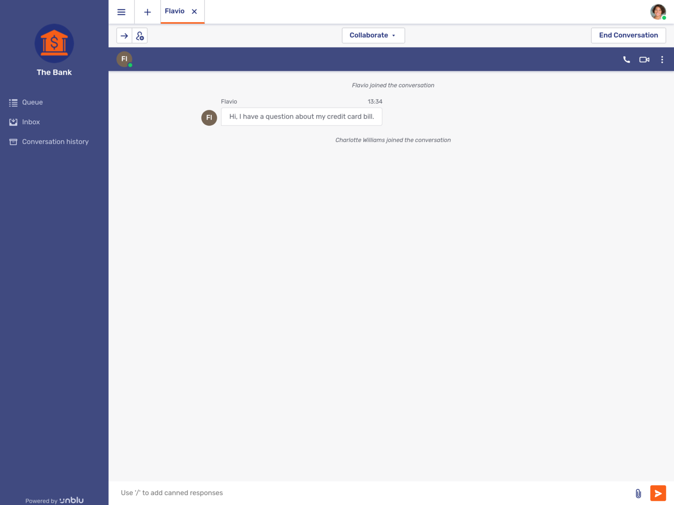 Normal view of conversation in the Agent Desk