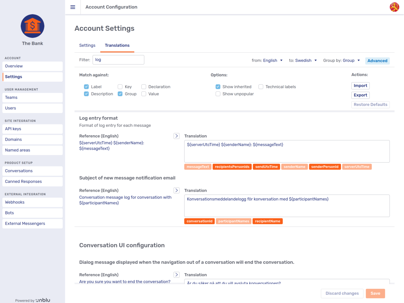 Account *Translations* tab with advanced accordion open and filter "log" active