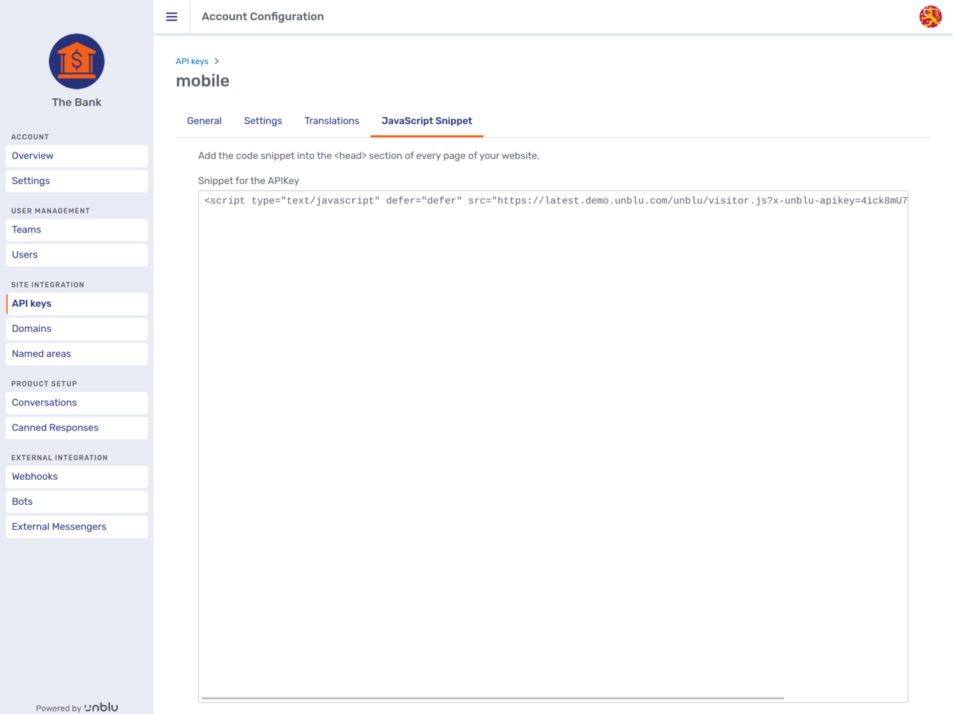 API key *JavaScript Snippet* tab