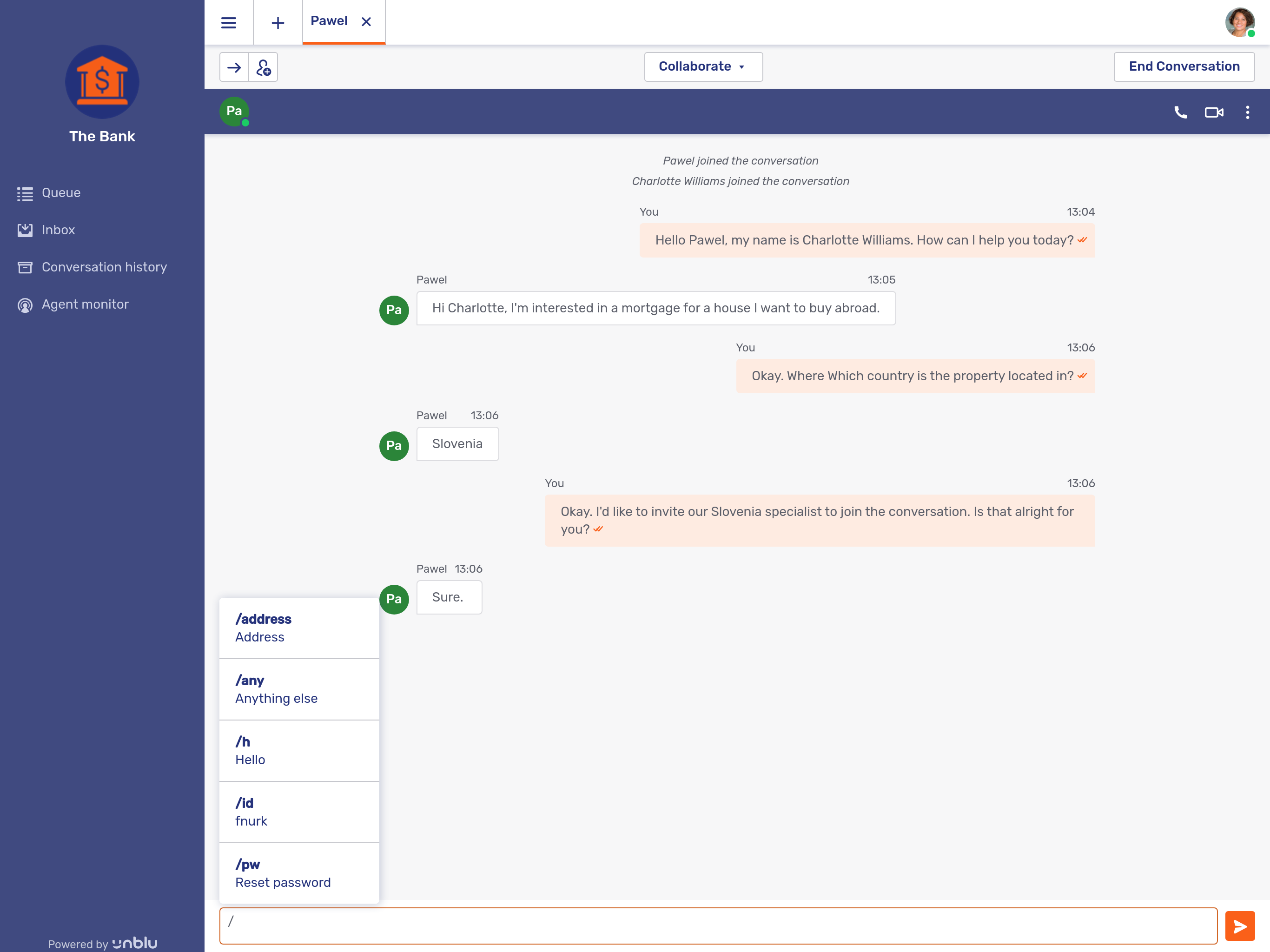 Selecting a canned response in a text chat conversation