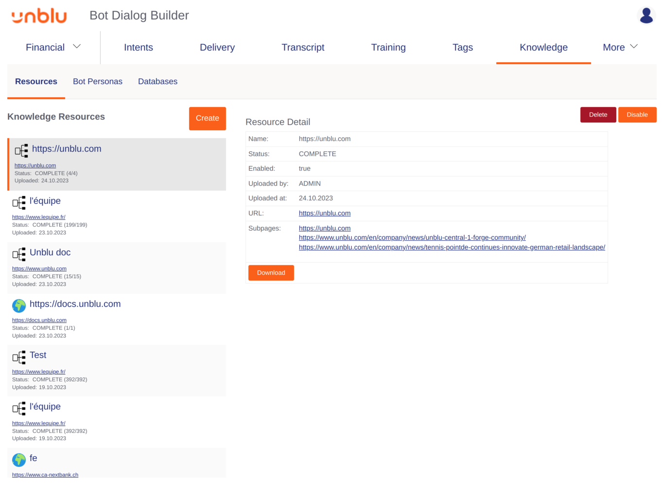 Knowledge tab of the Bot Dialog Builder