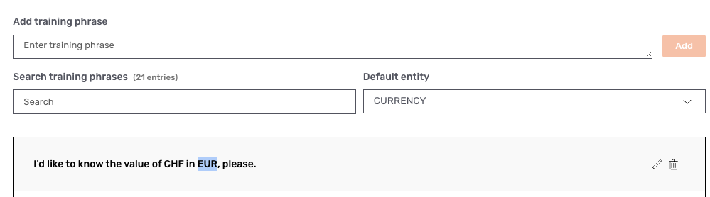 Adding an entity to a training phrase