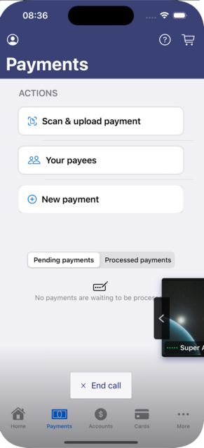 Ongoing call PiP, displayed off-screen, with removal area