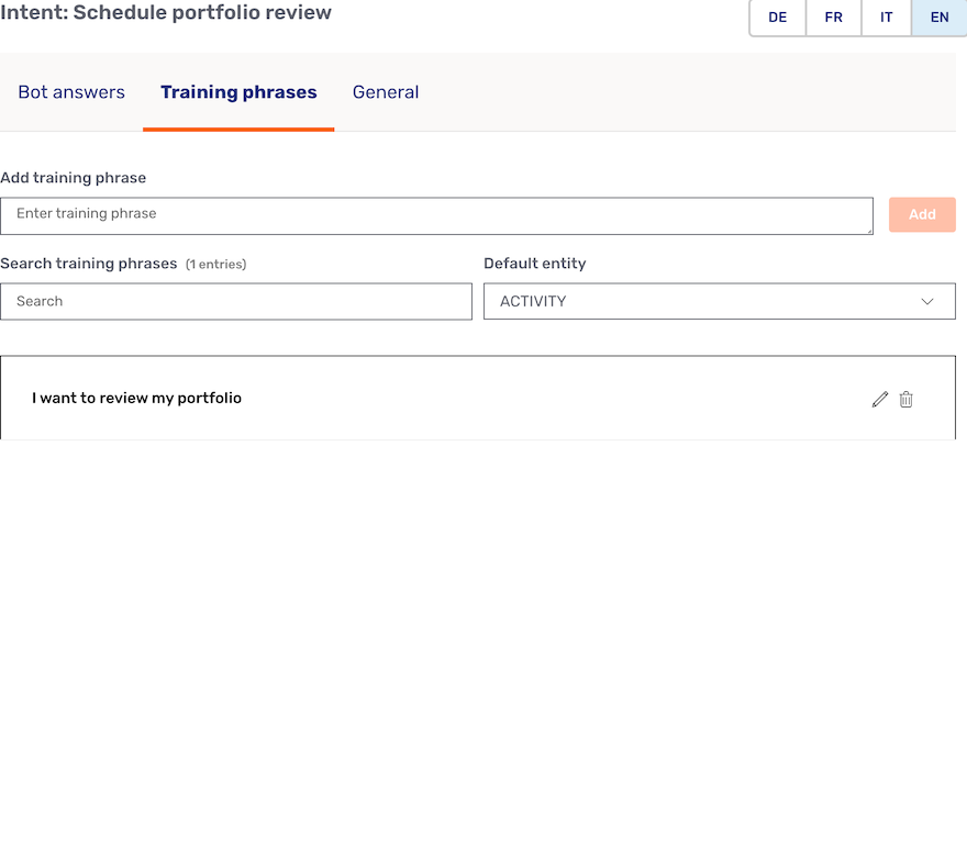 Training phrases tab with one training phrase