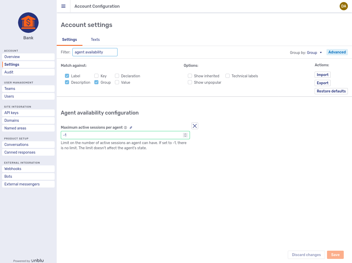 Account settings with <strong>Show inherited</strong> unticked