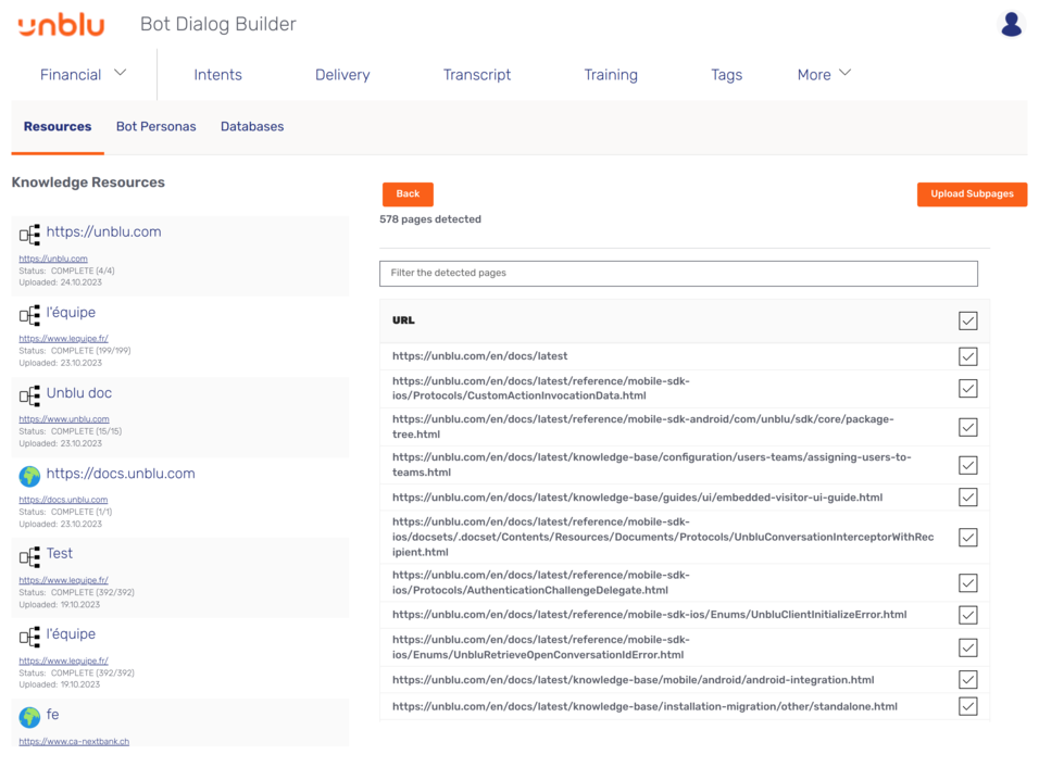 Selecting the subpages to add to a new URL resource