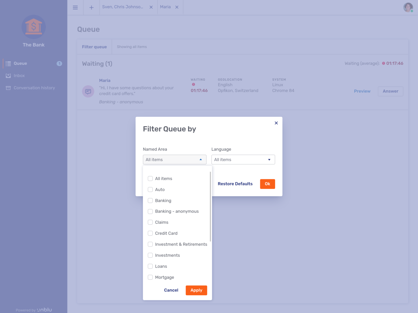 Queue filter in the Agent Desk