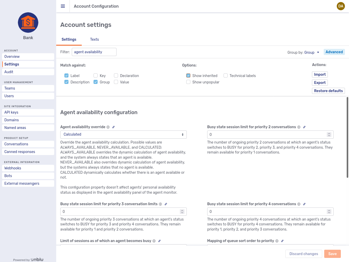 Account settings with <strong>Show inherited</strong> ticked