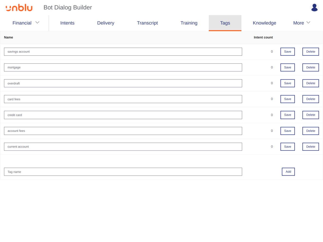 Bot Dialog Builder *Tags* tab