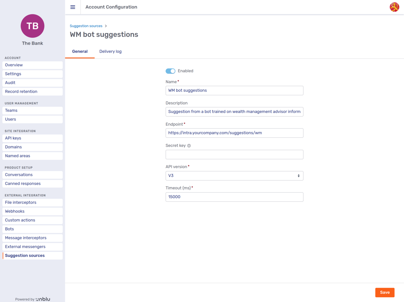 General tab of a suggestion source