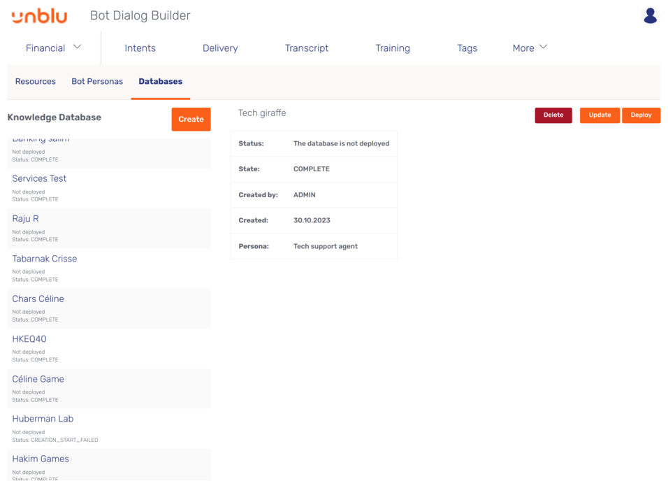 *Databases* tab of the knowledge bot