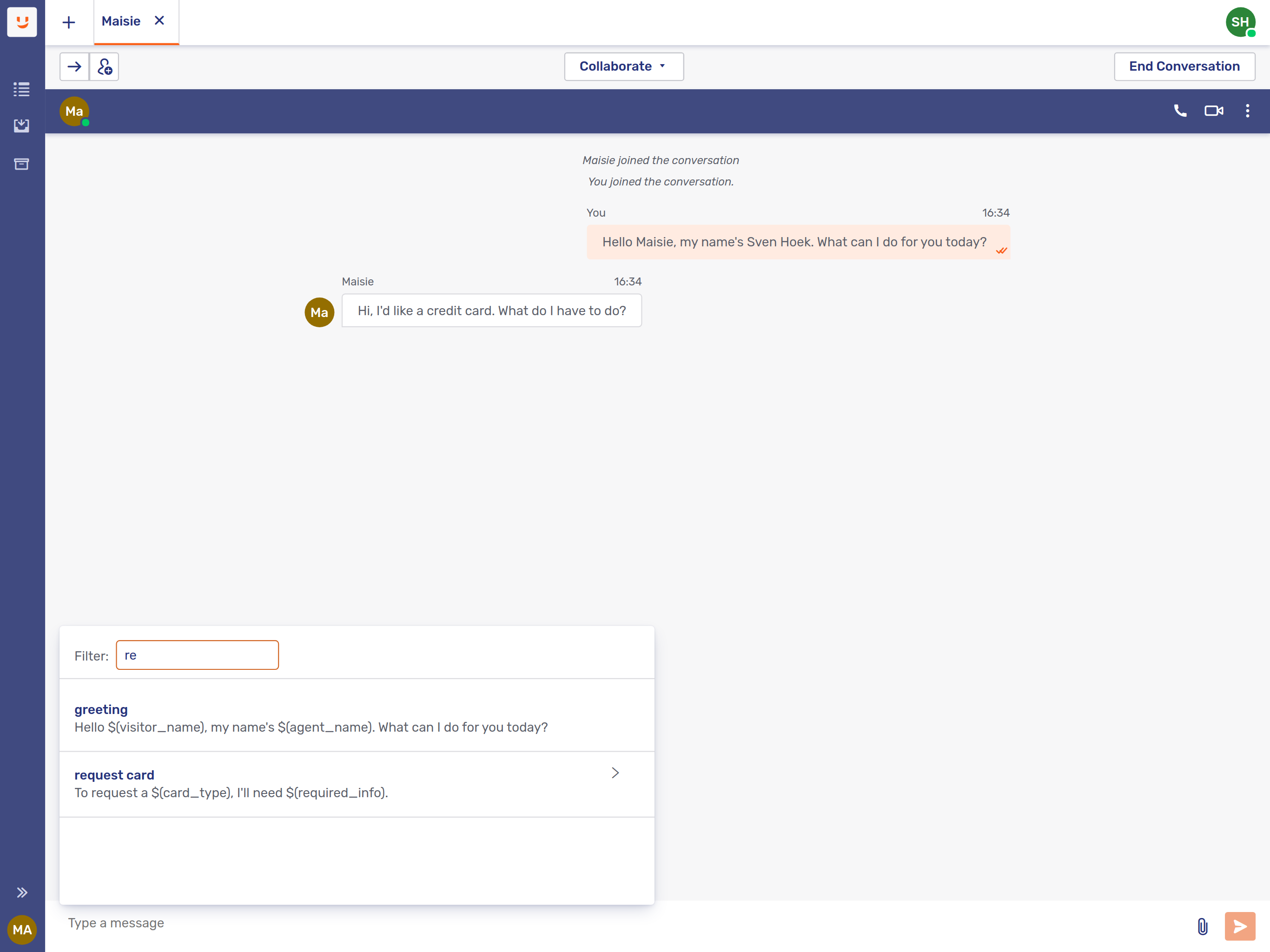 The canned response dialog
