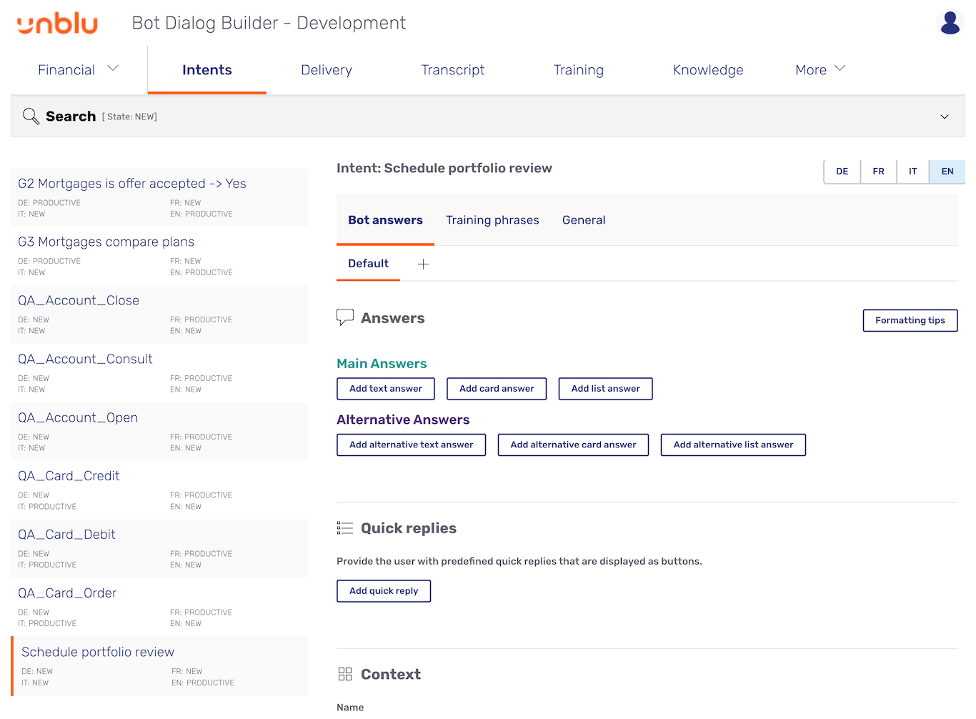 New intent in the Bot Dialog Builder