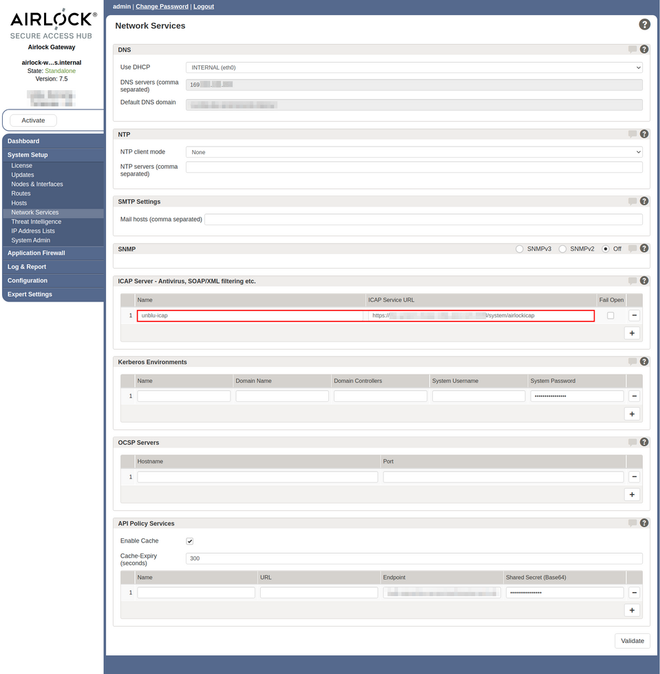 Airlock network services screen