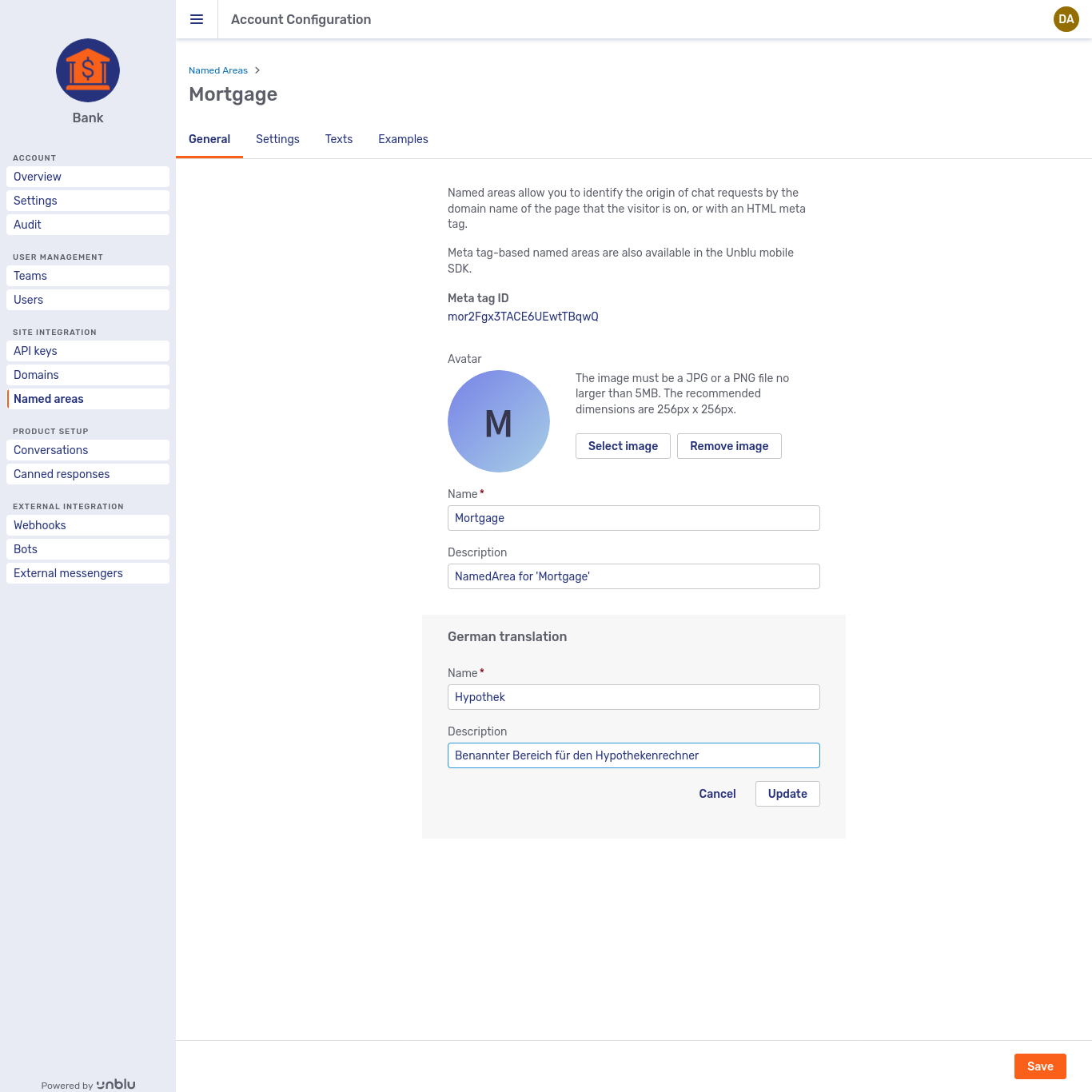 Adding a translation to a named area