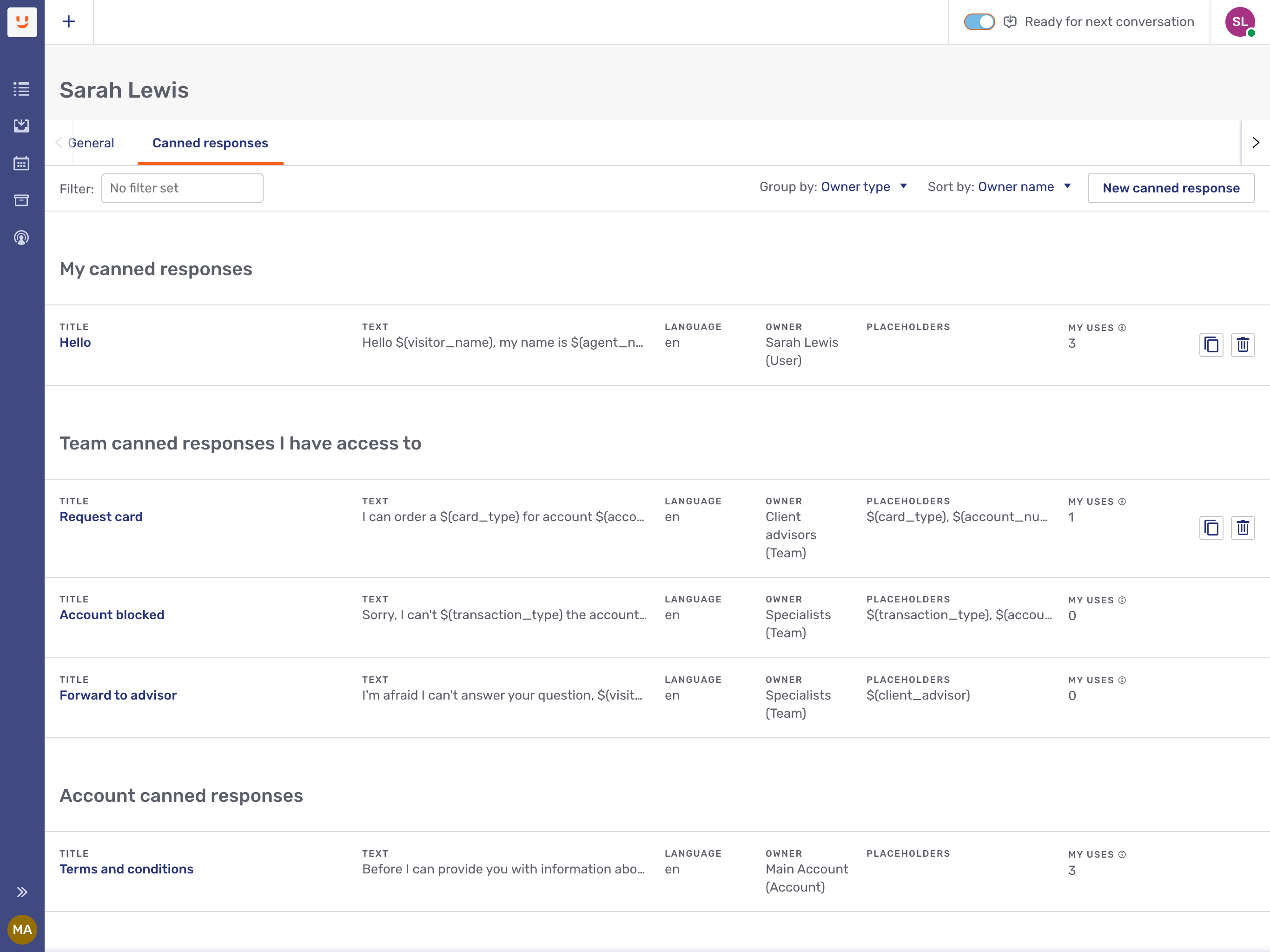 The canned responses tab