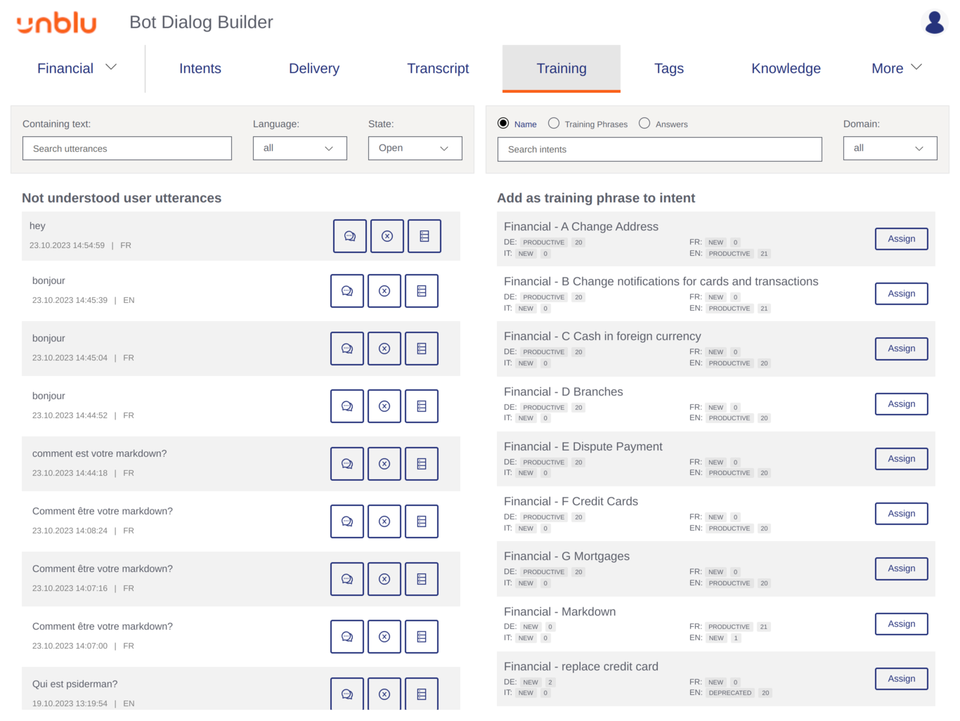 Bot Dialog Builder *Training* tab