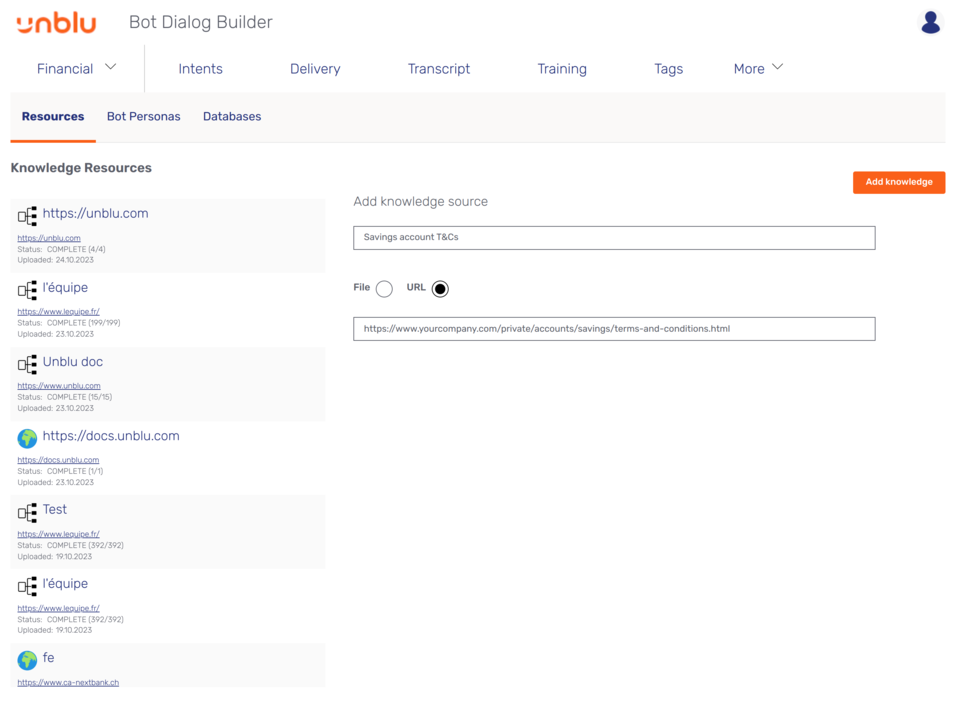 *Add knowledge source* form for a URL resource