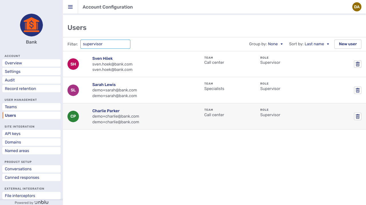 Users overview filtered for supervisors