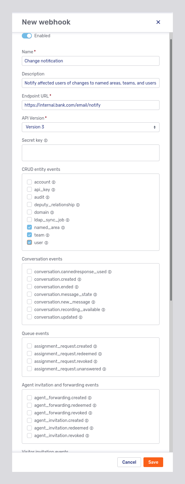 New webhook modal page