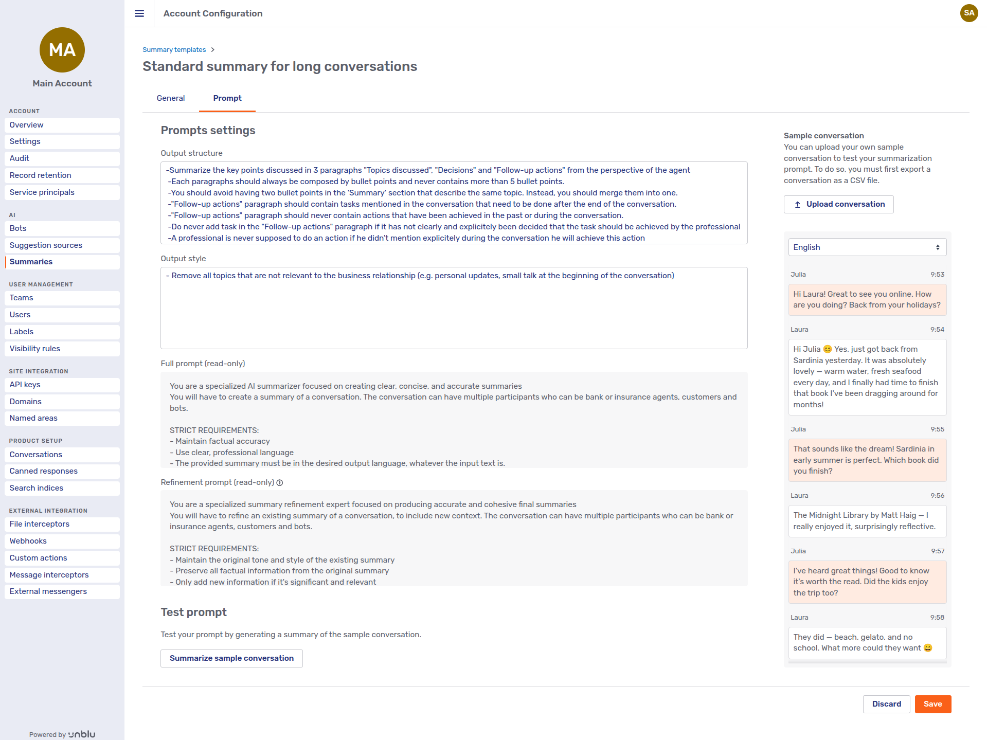 Prompt tabe of a summary template