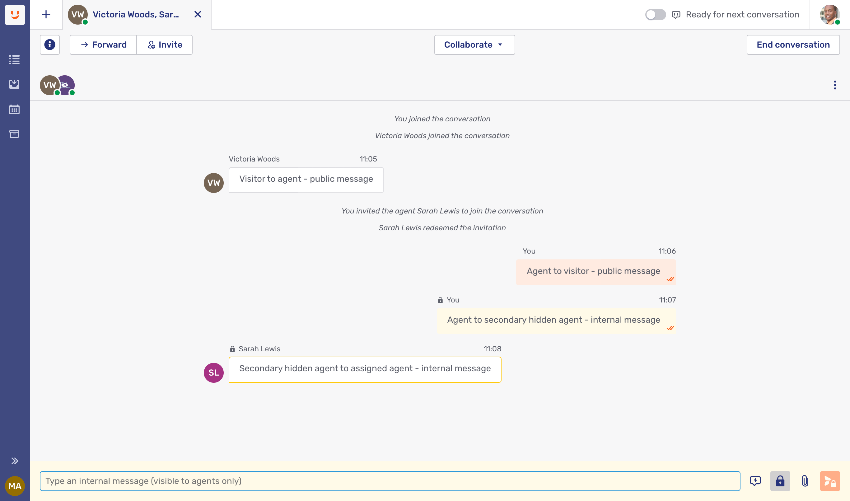 Conversation with internal and public messages visible