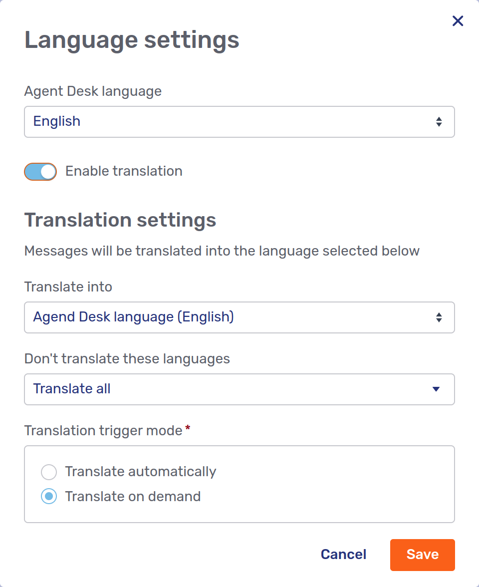 Language settings modal dialog with translations enabled