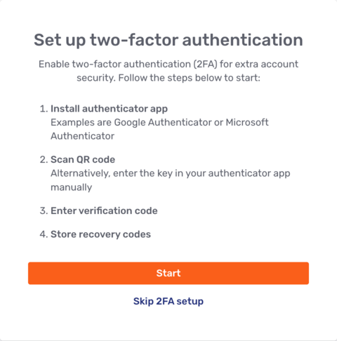 Two-factor authentication setup page