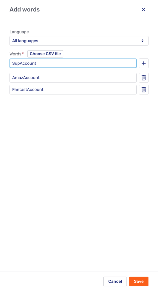 The Add words fly-in page