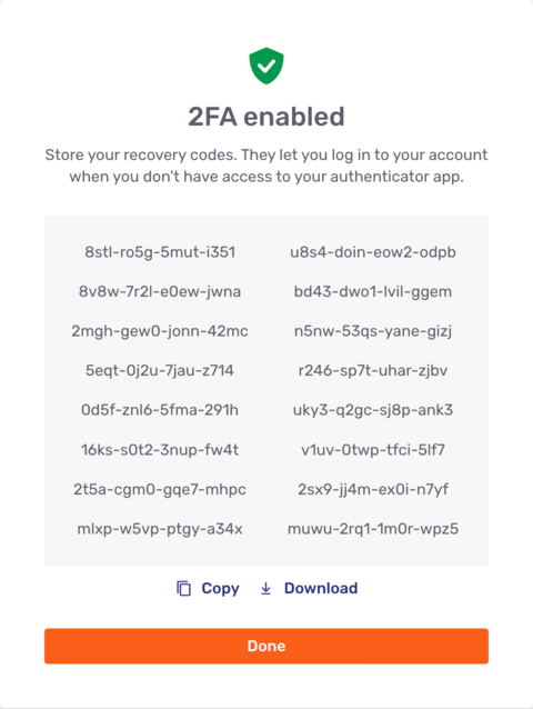 Two-factor authentication recovery codes