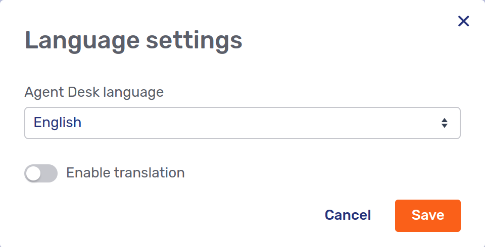 Language settings modal dialog with translations disabled