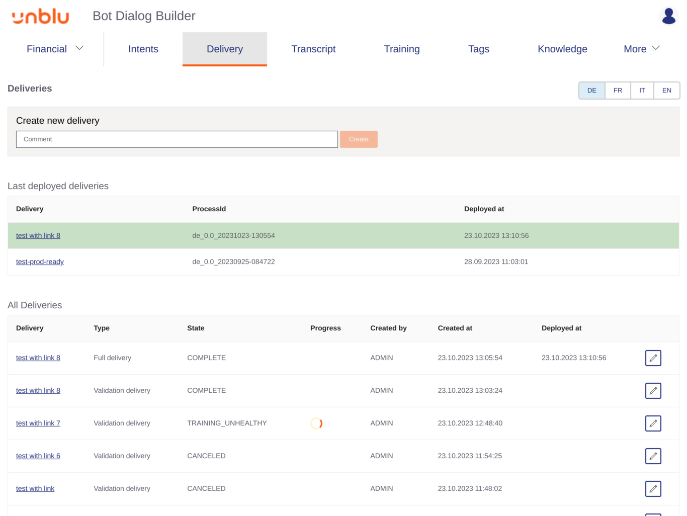 Bot Dialog Builder *Delivery* tab