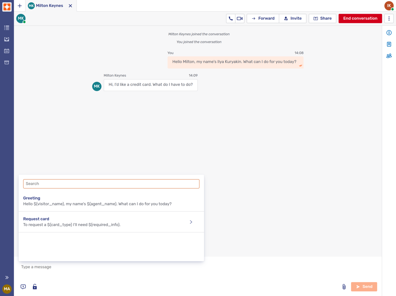 The canned response dialog