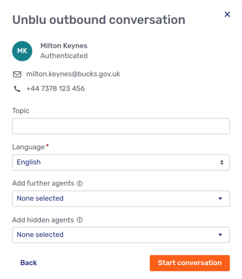 Modal dialog to start an outbound conversation