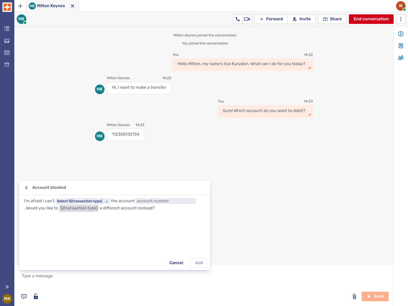 Placeholders in the canned response dialog