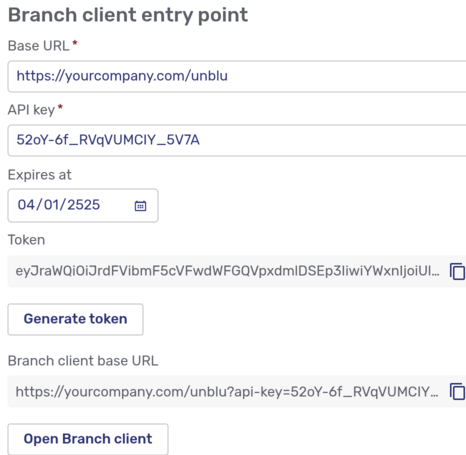 Token and base URL for Branch client