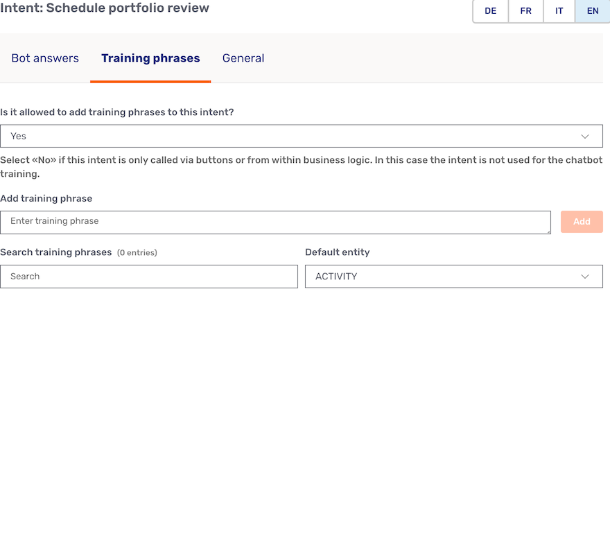 Training phrases tab of a new intent with training phrases allowed
